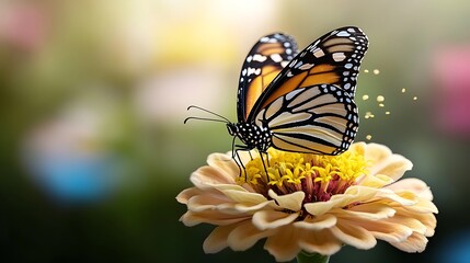 Fototapeta premium A vibrant Monarch butterfly perched on a blooming flower, surrounded by a lush garden backdrop