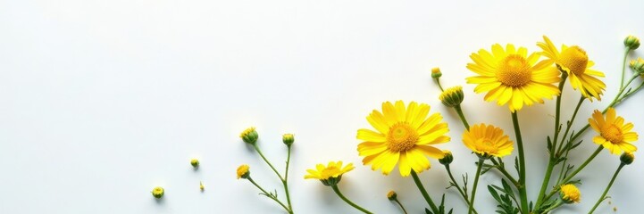 Tansy stems with small yellow flowers against a soft white textured surface, tansy, floral