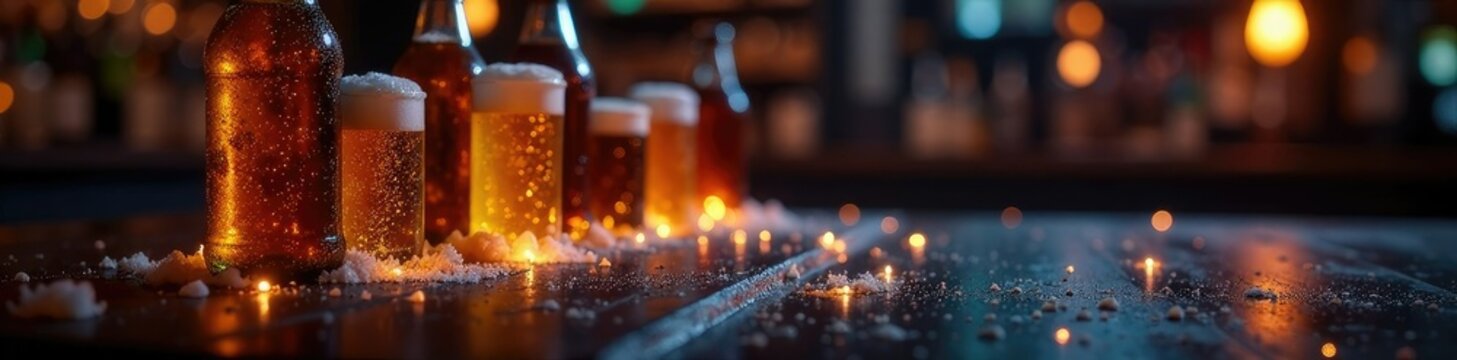 Tapa de cerveza con espuma latas y botellas desenfocadas en un ambiente nocturno, fondo oscuro, espuma, cerveceria