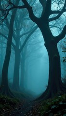 Naklejka premium Tall trees with gnarled branches and twisted trunks enveloped in mist, darkness, eerie