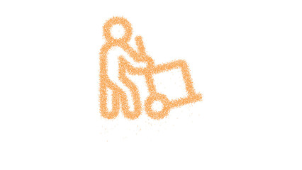 Icon person dolly is made of yellow grains of sand. Some grains of sand fall down. Transparent background. Black