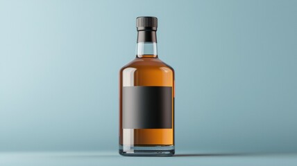 Fototapeta premium A clear glass bottle filled with amber-colored whiskey , featuring a black label, set against a soft blue background.
