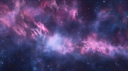 Vibrant cosmic background featuring a nebula with swirling shades of pink, purple, and deep blue. Distant stars twinkle across the expansive space, creating a mesmerizing view.