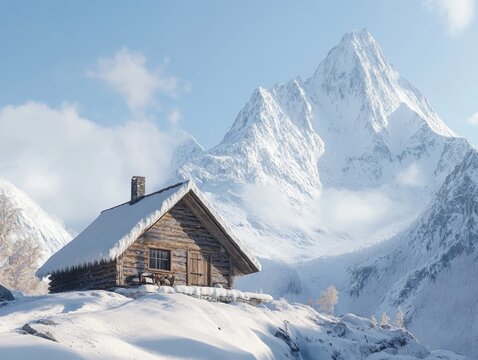 Snowy mountain cabin retreat with stunning peaks and clear blue sky - Powered by Adobe