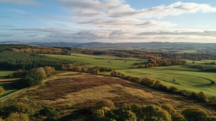 Autumnal aerial view of rolling hills and farmlands with grazing cattle under a cloudy sky
