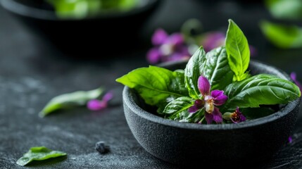 Closeup of fresh thai basil with purple flowers rustic kitchen food photography natural light macro shot culinary concept