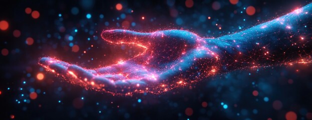 Hand Reaching Into the Virtual Universe Concept in a Cyberpunk Digital Landscape