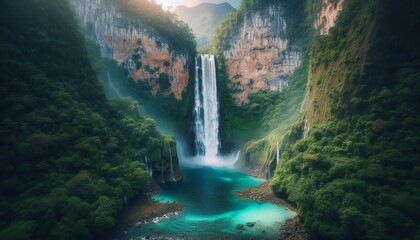 A stunning waterfall cascading into a turquoise pool surrounded by lush, green vegetation and towering cliffs, capturing the beauty of nature. 