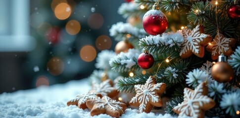 Snow-covered Christmas tree with cookies and ornaments on branches, baking, cookies