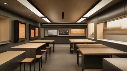 Modern Classroom Interior Design with Wooden Furniture and Artwork