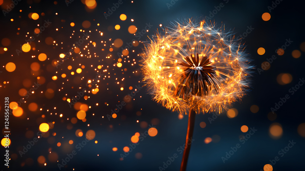 Poster sparkling dandelion seeds dancing in the air nature macro photography dreamy background close-up vie