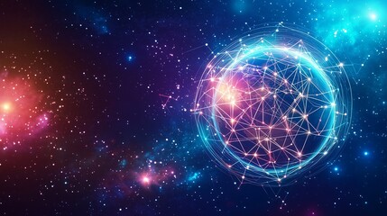 A vibrant futuristic neon cyber space background showcasing a glowing globe interconnected with digital lines and nodes, set against a deep space backdrop filled with twinkling stars 