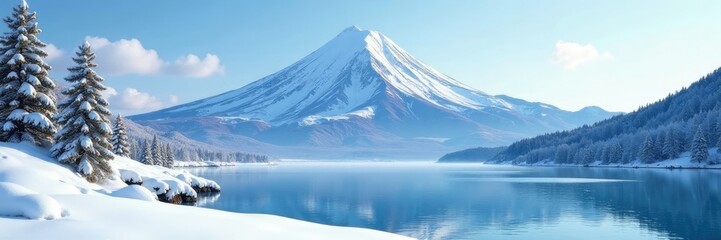 Snow-capped Fuji with frozen lake in background, winter mountain peak lake frozen water winter landscape serene peaceful, snowy peaks, peaceful mountains