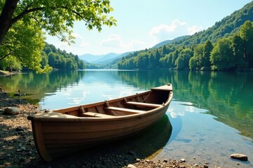 Small wooden boat on the shore of a calm river, river, nature