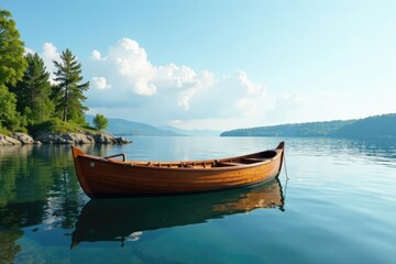 Fototapeta premium Small wooden boat in calm waters of Lake Ladoga, vessel, sailing
