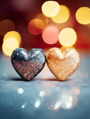 Fototapeta premium Valentines day festive background with two hearts In Shiny Background Valentine's Day glitter background