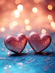 Obraz premium Valentines day festive background with two hearts In Shiny Background Valentine's Day glitter background