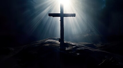 Naklejka premium Silhouette Holy cross concept symbol on top mountain&nbsp;Resurrection background with sunlight