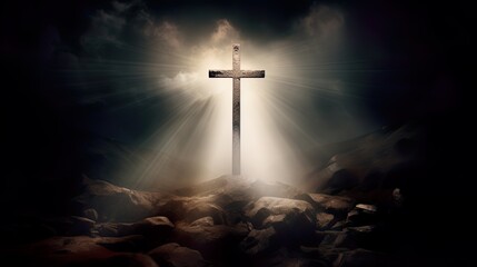Naklejka premium Silhouette Holy cross concept symbol on top mountain&nbsp;Resurrection background with sunlight