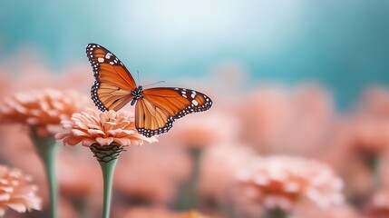 Obraz premium A vibrant orange butterfly perched delicately on a pink flower amidst a soft-focus floral background