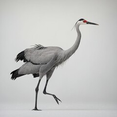 Obraz premium A crane flying gracefully with long, slender legs trailing behind, white background.A crane flying gracefully with long, slender legs trailing behind, white background.