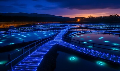 Illuminated Nighttime Pathway Over Aquatic Pools