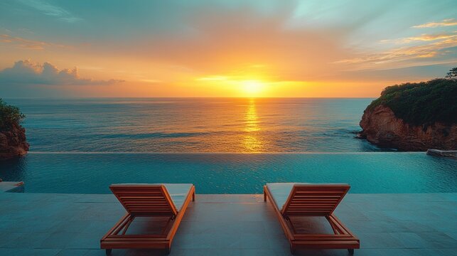Serene Beachfront Scene with Wooden Sun Loungers Facing the Ocean at Golden Hour in Minimalist Style