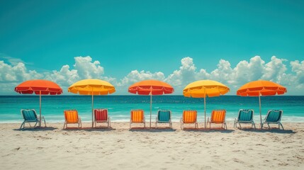 Beach chairs, colorful umbrellas, ocean view, vacation