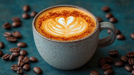 A beautifully crafted latte art in a speckled cup surrounded by coffee beans on a textured surface
