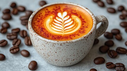 A beautifully crafted cup of coffee with latte art surrounded by scattered coffee beans