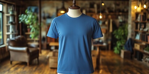 Blue Crew Neck T-Shirt on Mannequin in Rustic Setting.