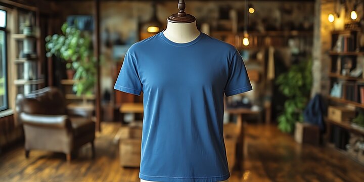 Blue Crew Neck T-Shirt on Mannequin in Rustic Setting.