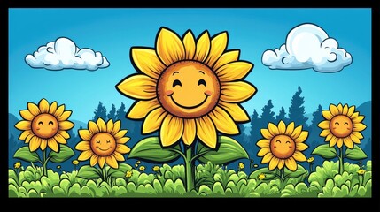 Bright, cheerful sunflowers with smiling faces in a vibrant landscape under a blue sky