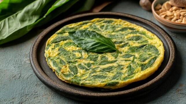 Rustic thai omelette with fresh chaom leaves and acacia kitchen food styling home environment close-up culinary art