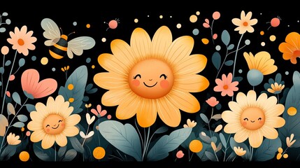 Cheerful floral illustration featuring smiling flowers, bees, and colorful foliage on a dark background