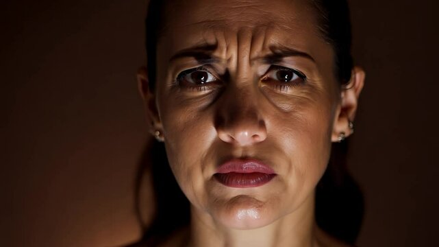 Dramatic close-up video of a woman with bold dark eyebrows, her initial frustration dissolving into tears against a dark brown background, static, side lighting
