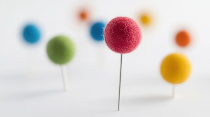 Colorful Felt Wool Balls Used as Map Pins on a Clean White Background