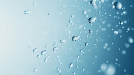 pure water droplets suspended in space, light blue atmospheric gradient, crystalline spheres with internal reflections, molecular visualization, clean minimal design, ultra-detailed macro lens