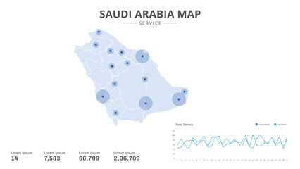 Service centers are highlighted within the of Saudi Arabia Infographic map. Business Infographic Map of Saudi Arabia. Vector Map of a Saudi Arabia map. Easy to edit