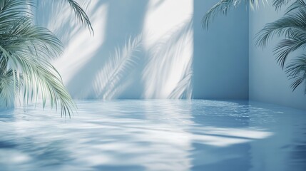 tranquil pool surface waves, ethereal blue backdrop, delicate palm frond shadows, minimalist product stage, diffused sunlight glow, pristine water reflections, high-end display aesthetic