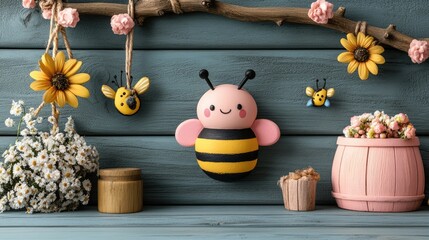 Cheerful bee decoration on a wooden wall with flowers and rustic elements in a cozy setting
