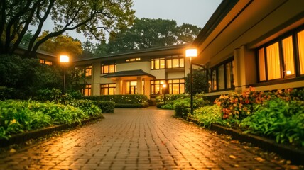Obraz premium A charming building illuminated at dusk, surrounded by lush greenery and a picturesque pathway leading to its entrance.