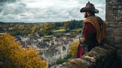 A mysterious figure in a hat gazes over a picturesque landscape. The vibrant autumn colors contrast with the cloudy sky. Adventure awaits in this enchanting scene. Generative AI