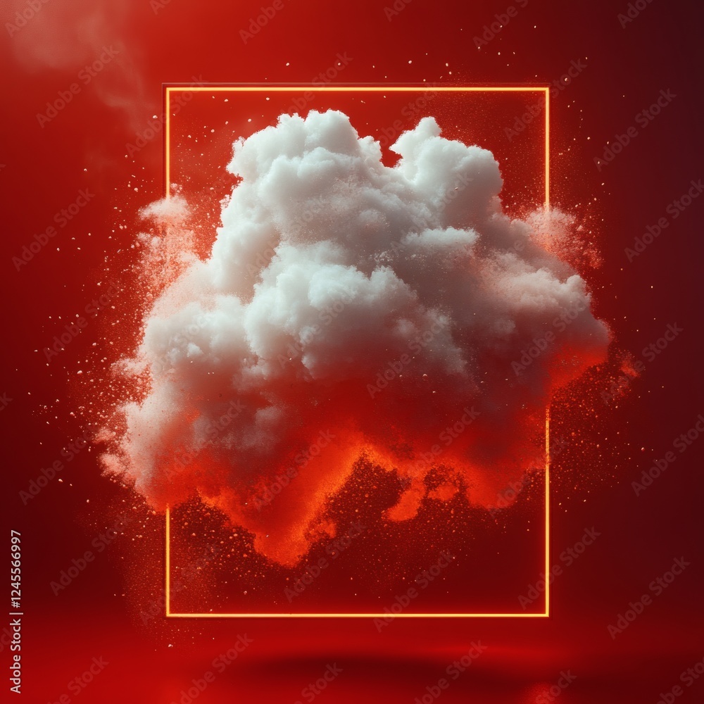 Poster 3d render featuring fluffy white cloud against a deep red background with subtle dust particles the 