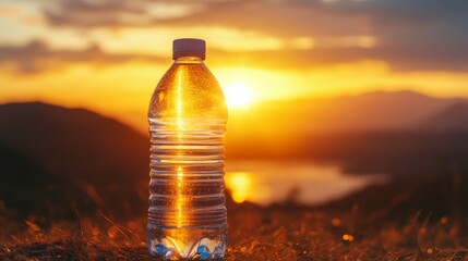 golden hour hydration scene, pure water bottle silhouette, glowing sun backdrop, peaceful dusk colors, wellness lifestyle capture, soft atmospheric lighting