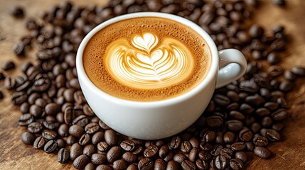 A beautifully crafted latte art in a white cup surrounded by roasted coffee beans on a wooden table