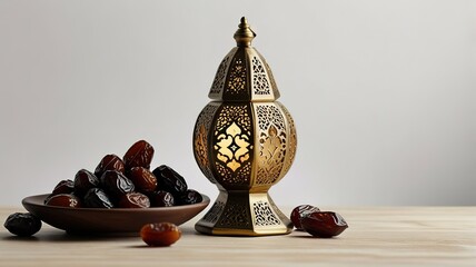 Muslim lamp, dates and prayer beads on table background.