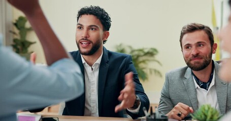 Fist pump, celebration and business people for collaboration, partnership and team building mission. Group, high five and support for b2b success, startup deal and media project management promotion