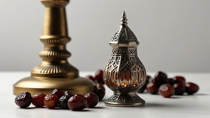 Muslim lamp, dates and prayer beads on table background.