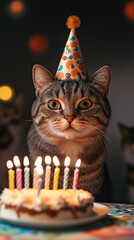 Playful Cat Enjoying a Birthday Party with Cake and Decorations